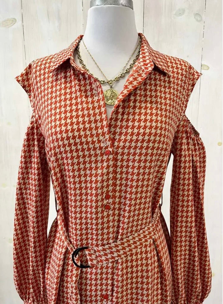 Houndstooth Print with Belt Cold Shoulder Long Sleeve Midi Maxi Shirt Dress