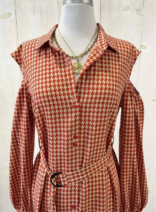 Houndstooth Print with Belt Cold Shoulder Long Sleeve Midi Maxi Shirt Dress