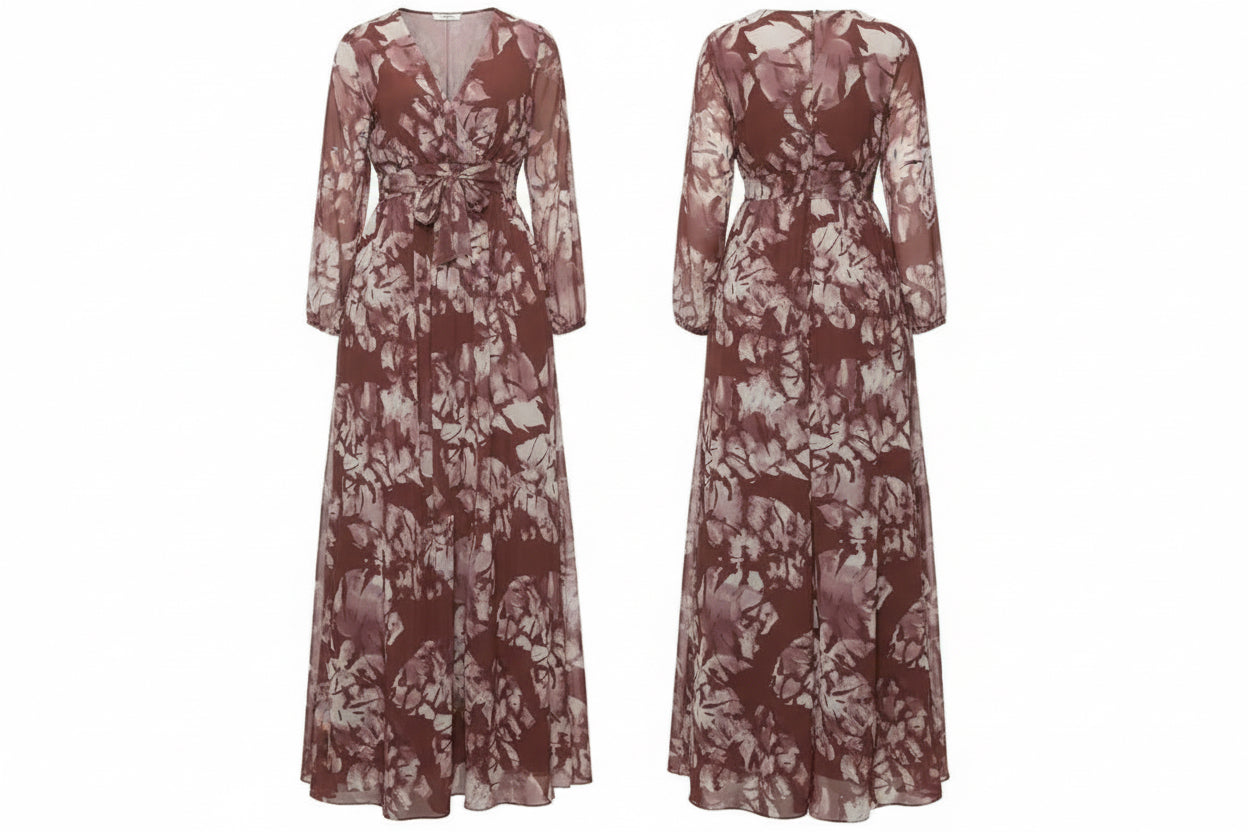 Romantic Leaf Print Long Sleeve Chiffon Boutique Boho Maxi Dress