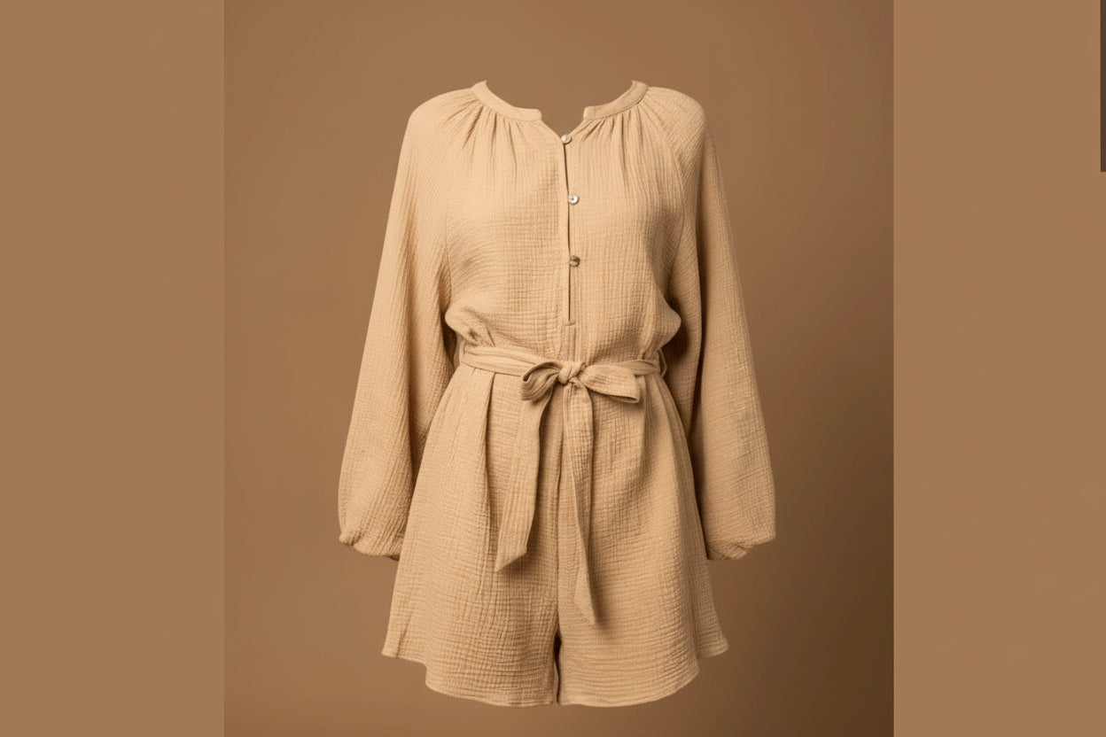 Cotton Front Tie Long Sleeve Rompers