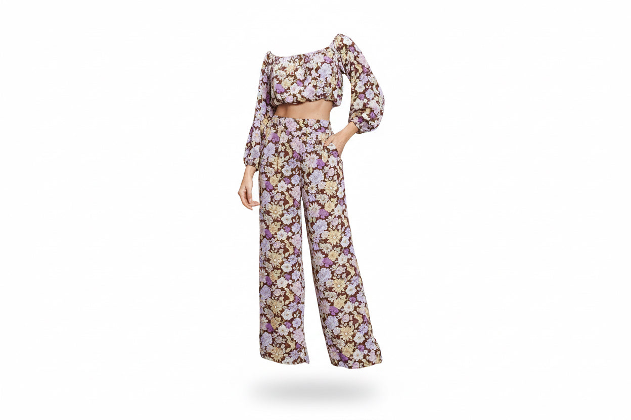 Retro Floral Off-Shoulder Crop Top & Wide Leg Pants Two-Piece Set