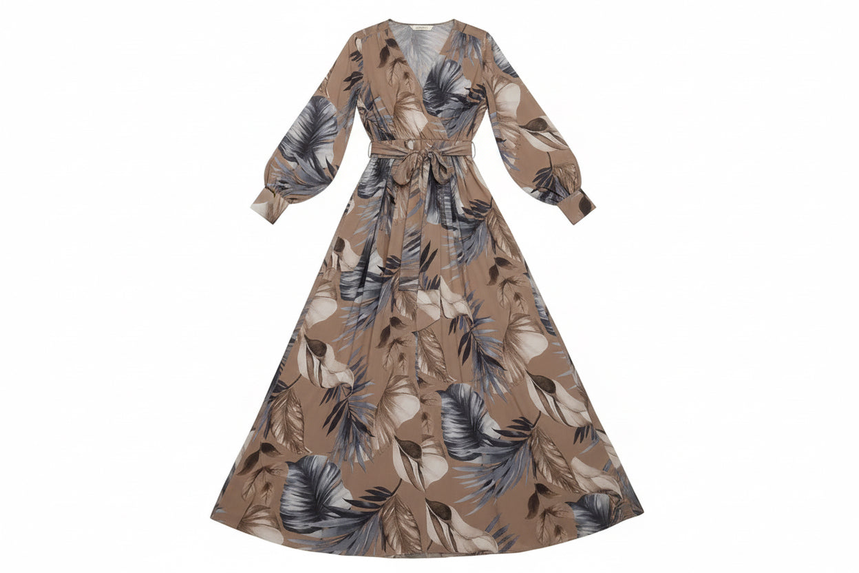 Tropical Palm Print Long Sleeve Chiffon Wrap Boutique Resort Maxi Dress ￼