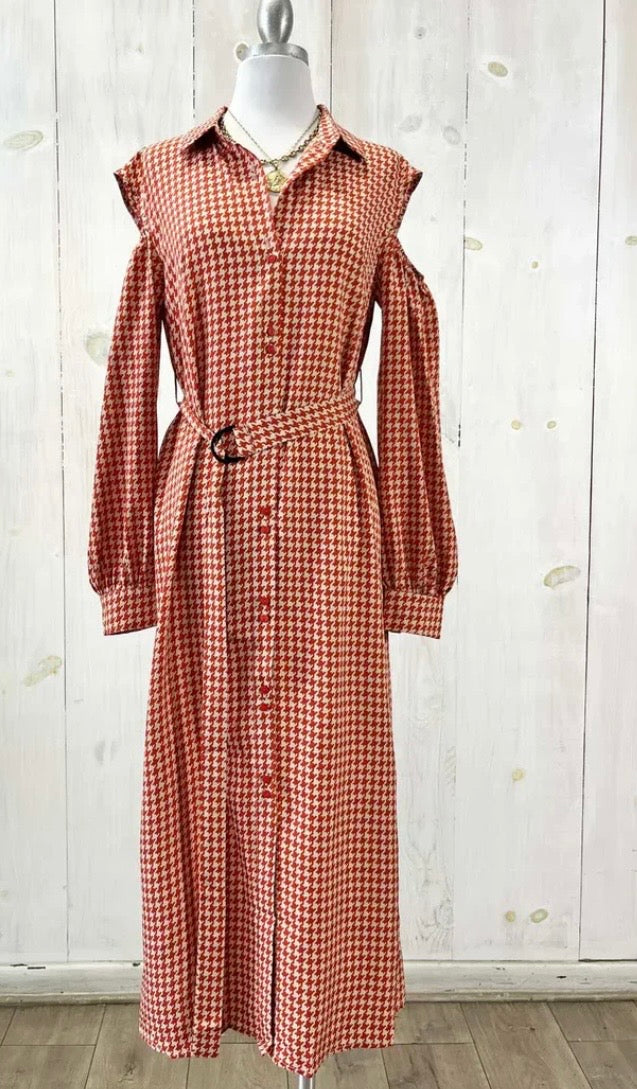 Houndstooth Print with Belt Cold Shoulder Long Sleeve Midi Maxi Shirt Dress