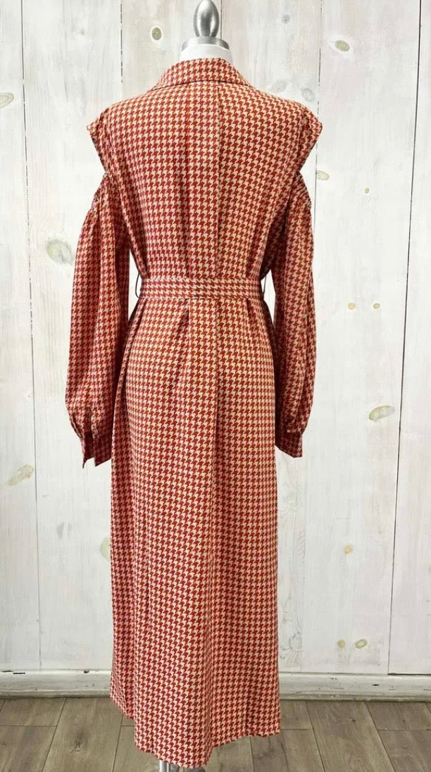Houndstooth Print with Belt Cold Shoulder Long Sleeve Midi Maxi Shirt Dress