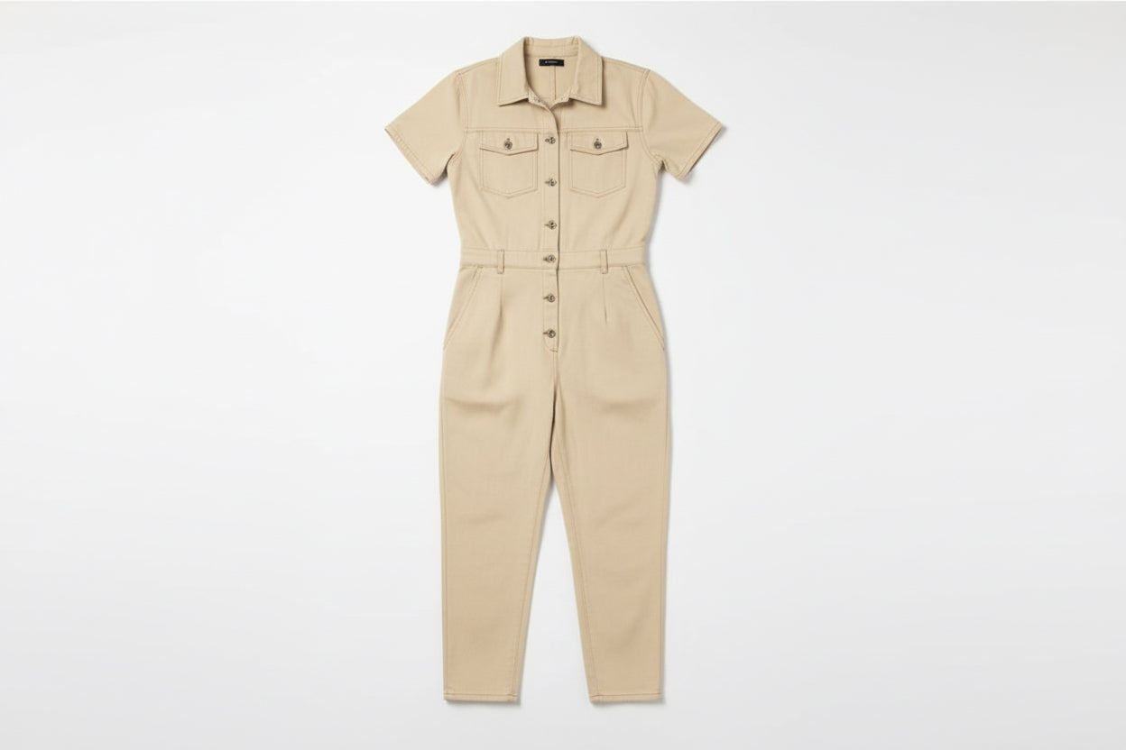 ￼ Button Up Short sleeve Utility Denim Jumpsuit