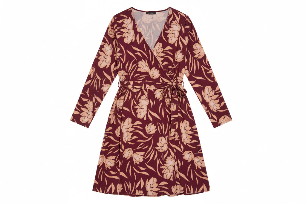 Plus Size Wrap Floral Wine Cream Print Long Sleeve Mini Dress
