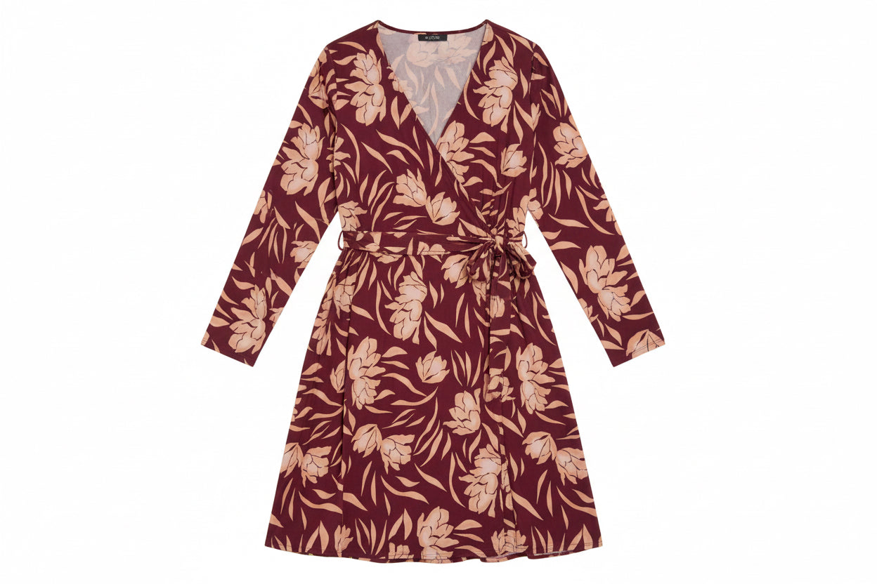 Plus Size Wrap Floral Wine Cream Print Long Sleeve Mini Dress