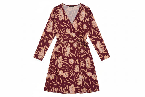 Plus Size Wrap Floral Wine Cream Print Long Sleeve Mini Dress