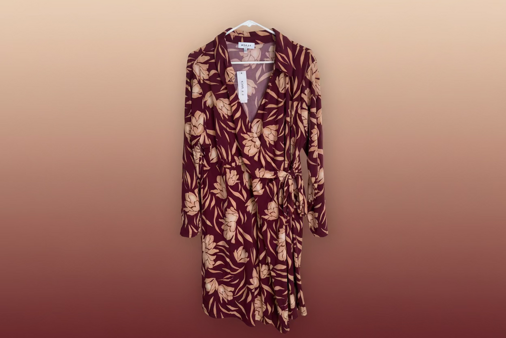 Plus Size Wrap Floral Wine Cream Print Long Sleeve Mini Dress