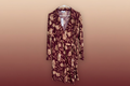 Plus Size Wrap Floral Wine Cream Print Long Sleeve Mini Dress
