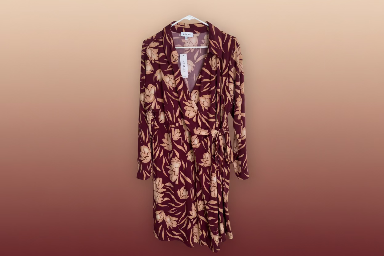 Plus Size Wrap Floral Wine Cream Print Long Sleeve Mini Dress